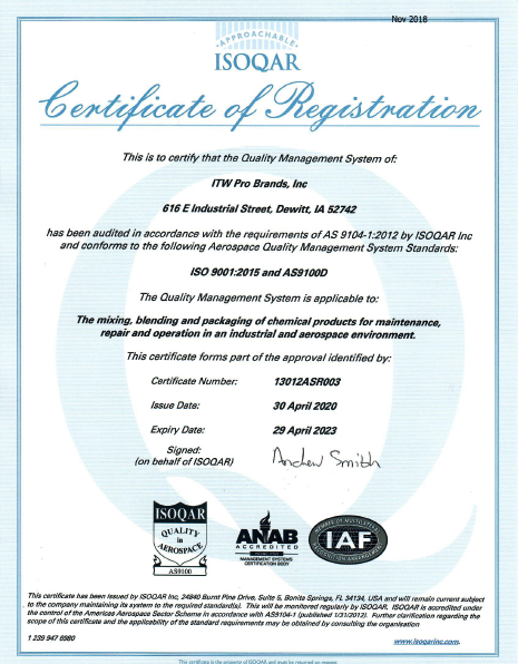 AS9100D Certificate of Registration – DeWitt